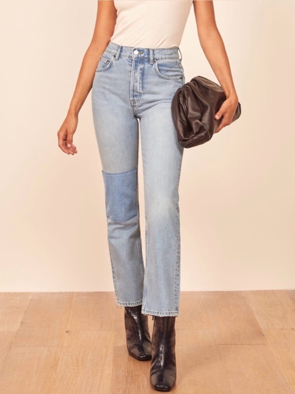Reformation Light Blue Straight-Leg Jeans with Knee Patch